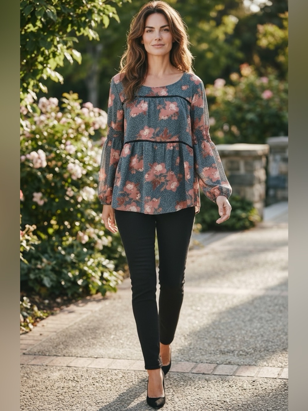 Knox Rose NEW - Sz L - Floral Top in Charcoal Gray / Rose Pink & balloon sleeves